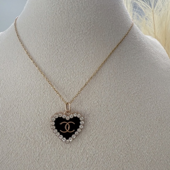 Upcycled CC Black and Gold Heart Pendant Necklace - Picture 1 of 5